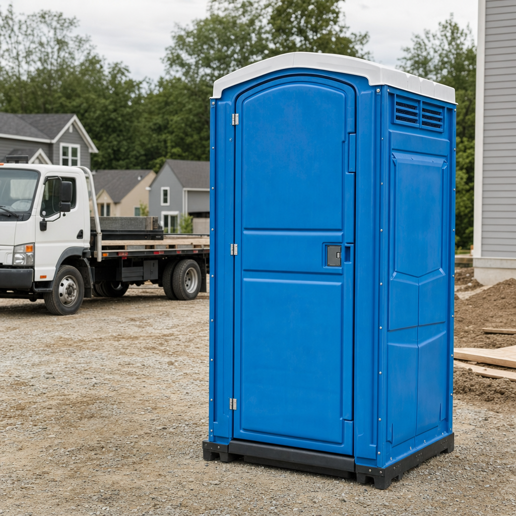 Delivery driver positioning a clean royal-blue portable toilet on level ground at a New Orleans worksite