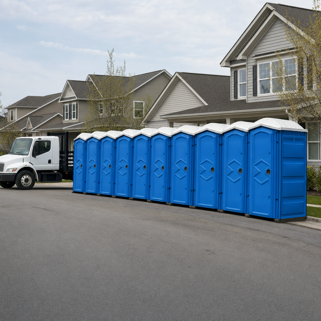Royal blue portable toilets staged in a tidy row at a New Orleans jobsite, ready for delivery